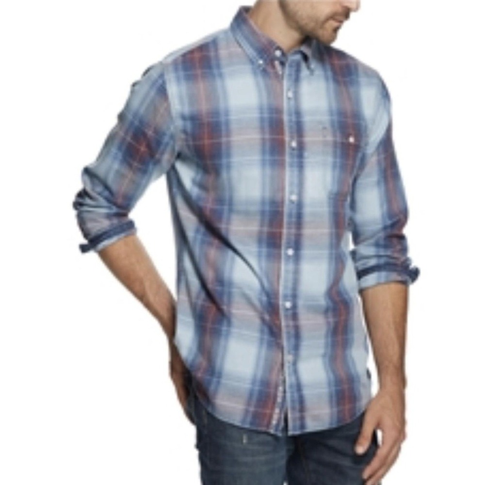 American Threads Shirt Mens XL Blue‎ Red Plaid Long Sleeves Button Down